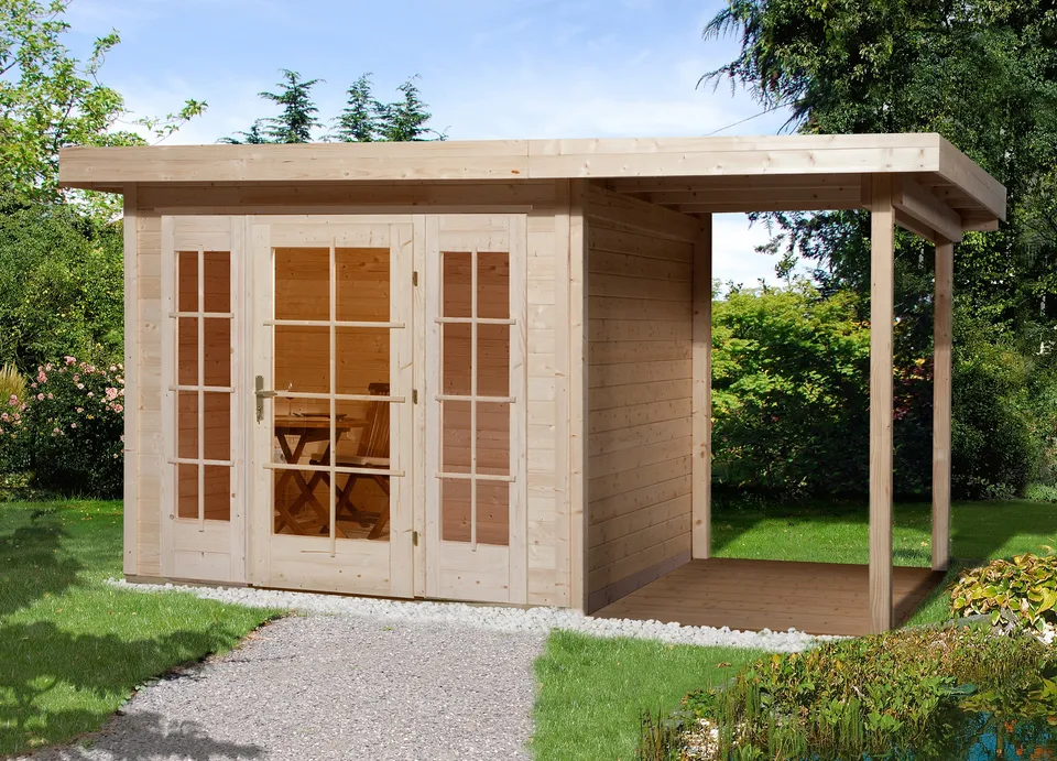 weka-panorama-172-gr-e-2-gartenhaus-21-mm-braun-mit-anbau-150-cm image 1