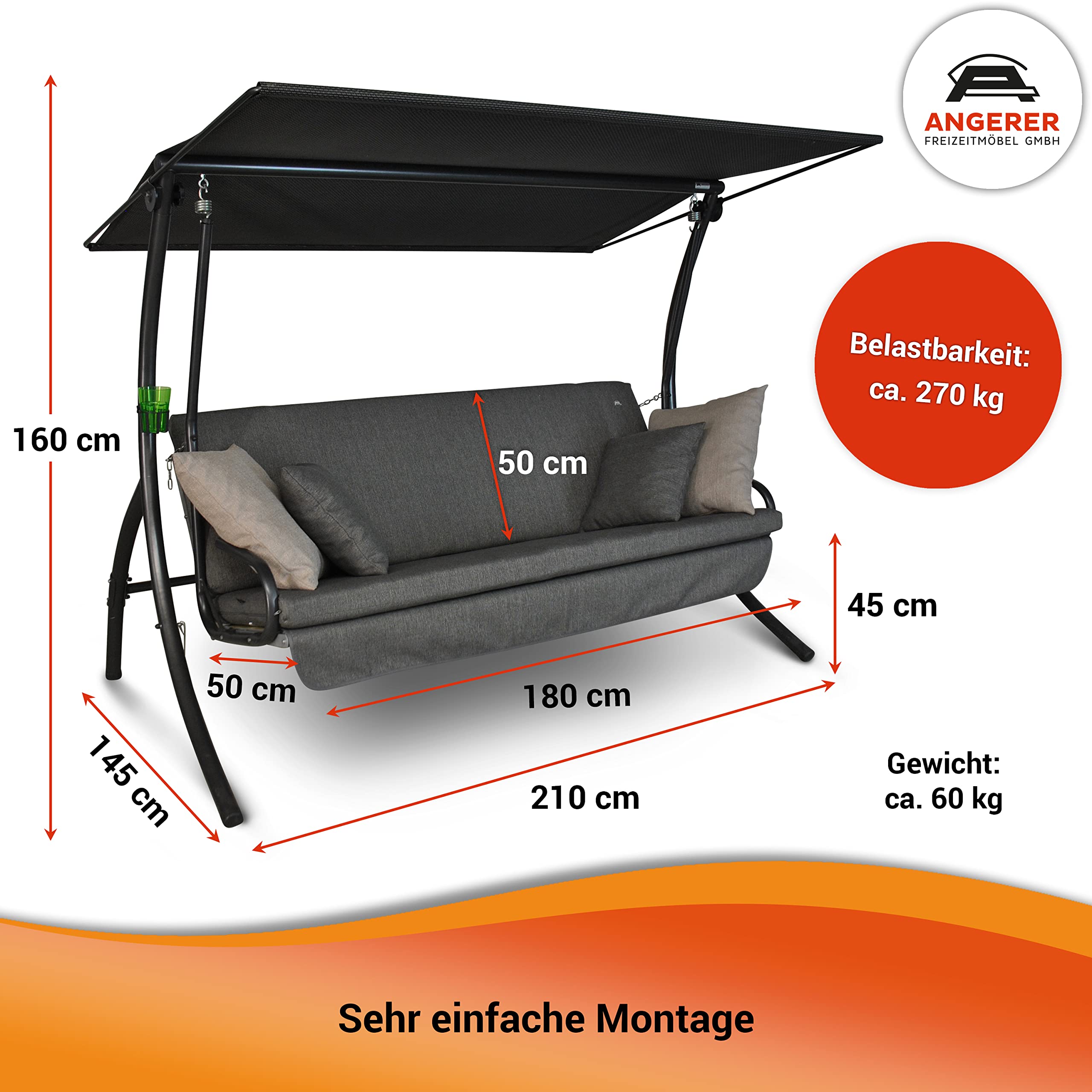 angerer-hollywoodschaukel-drift-smart-grau-3-sitzer-mit-bettfunktion image 2