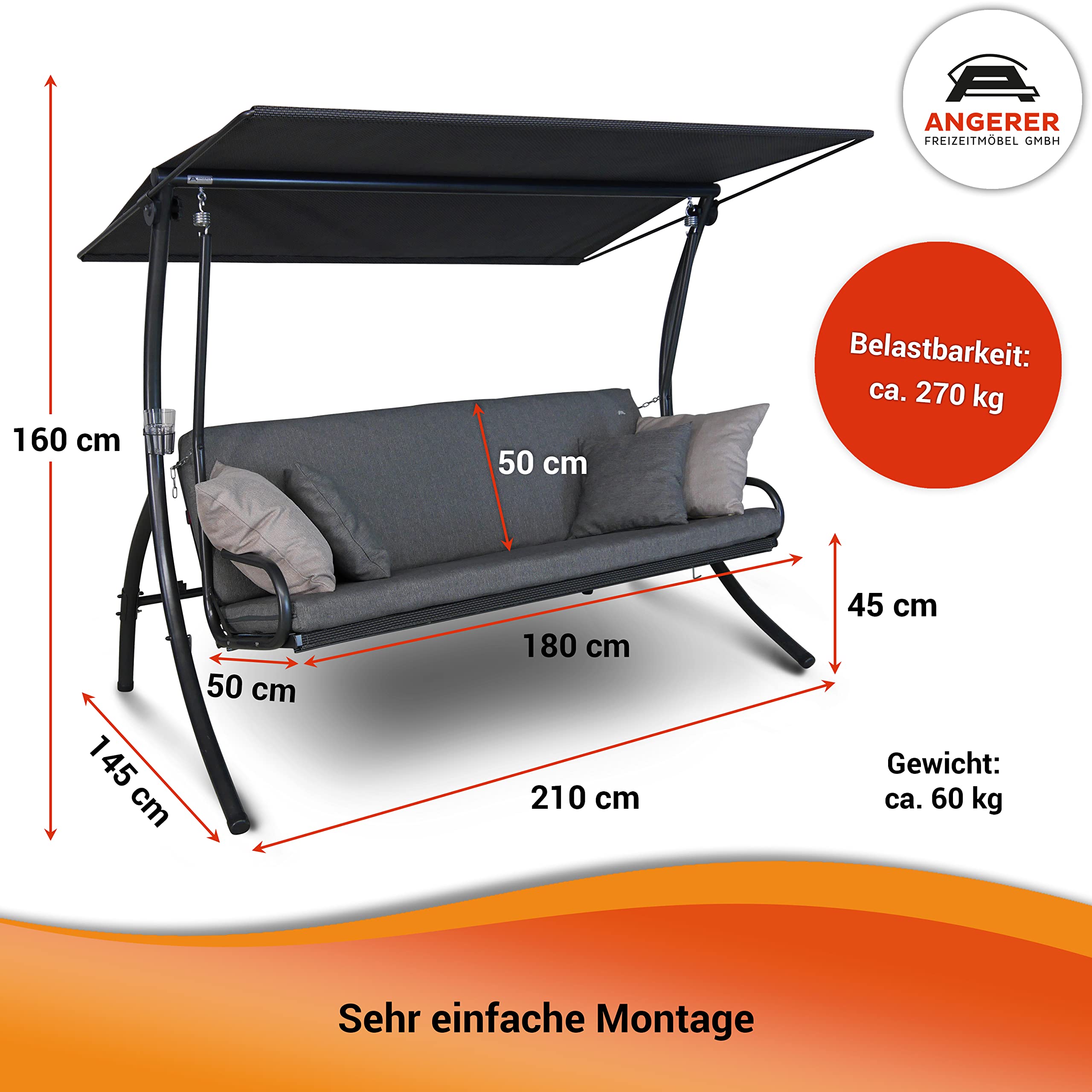 angerer-hollywoodschaukel-elegance-smart-grau-3-sitzer-mit-bettfunktion image 2